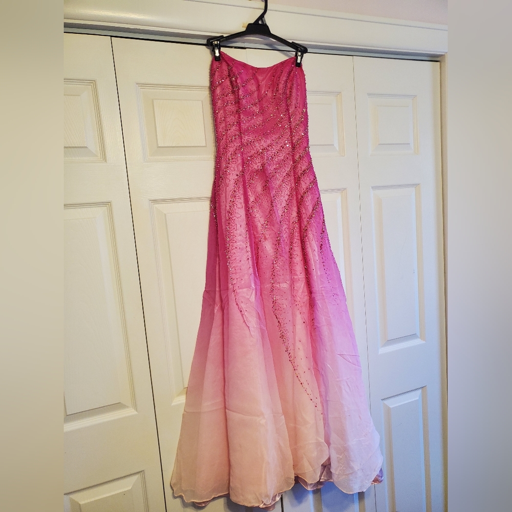 Pink beaded gradient prom dress, floor length, backless